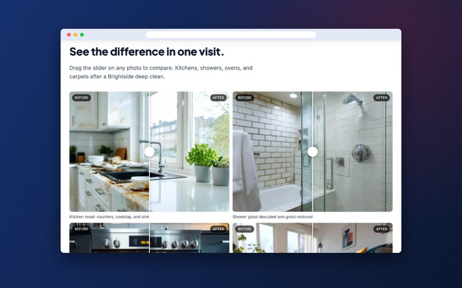Local Hero Gallery before and after slider gallery on a cleaning company website