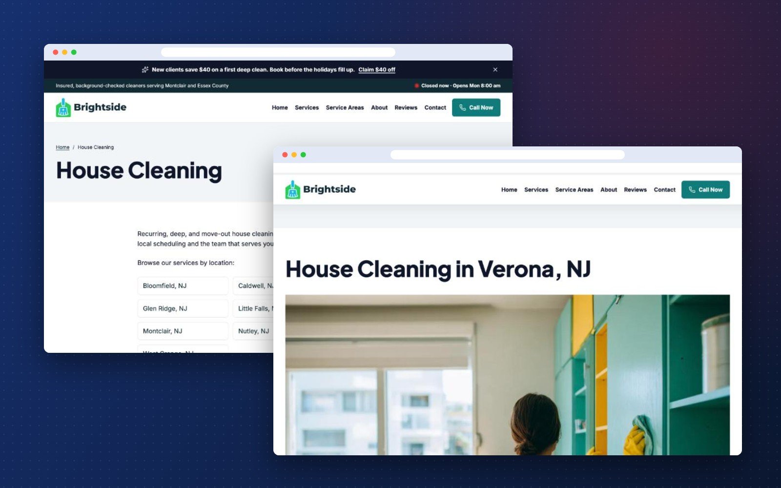 Local Hero Landing Pages hub page and a generated house cleaning town page