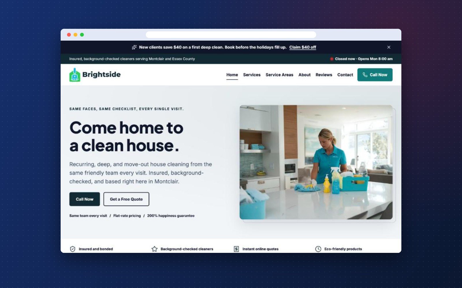 Local Hero Sprint Pro WordPress theme demo: Brightside Home Cleaning homepage with promo bar