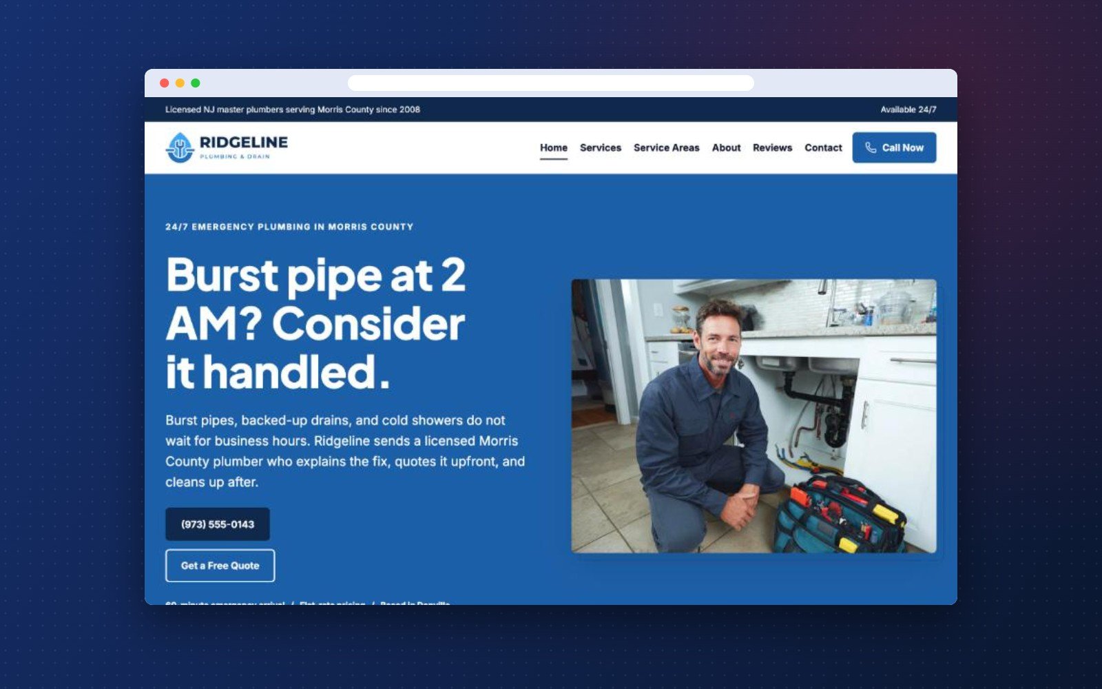 Local Hero Sprint WordPress theme demo: Ridgeline Plumbing & Drain homepage